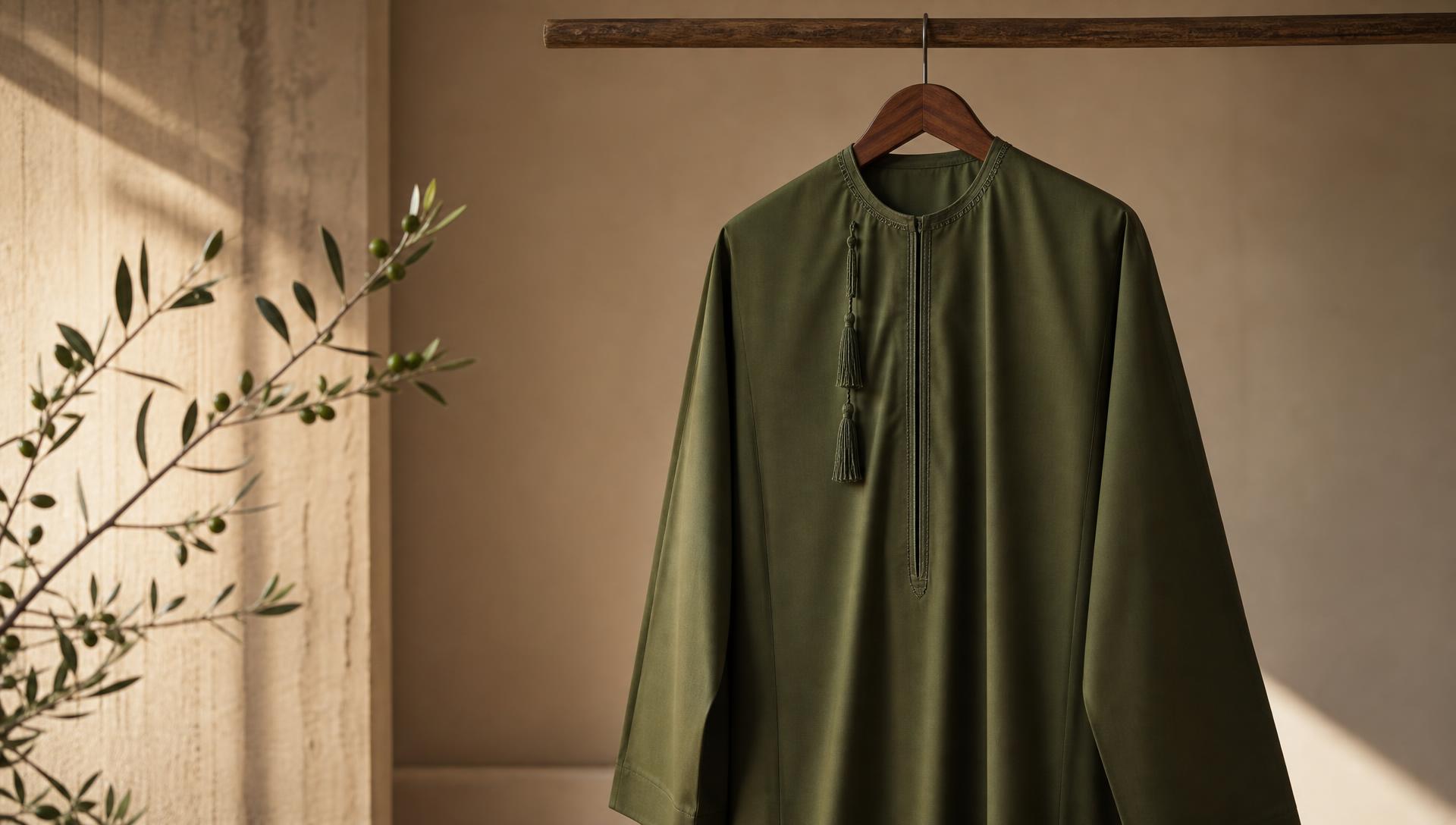Premium olive green Omani thobe with furakha tassel in a softly lit minimalist interior